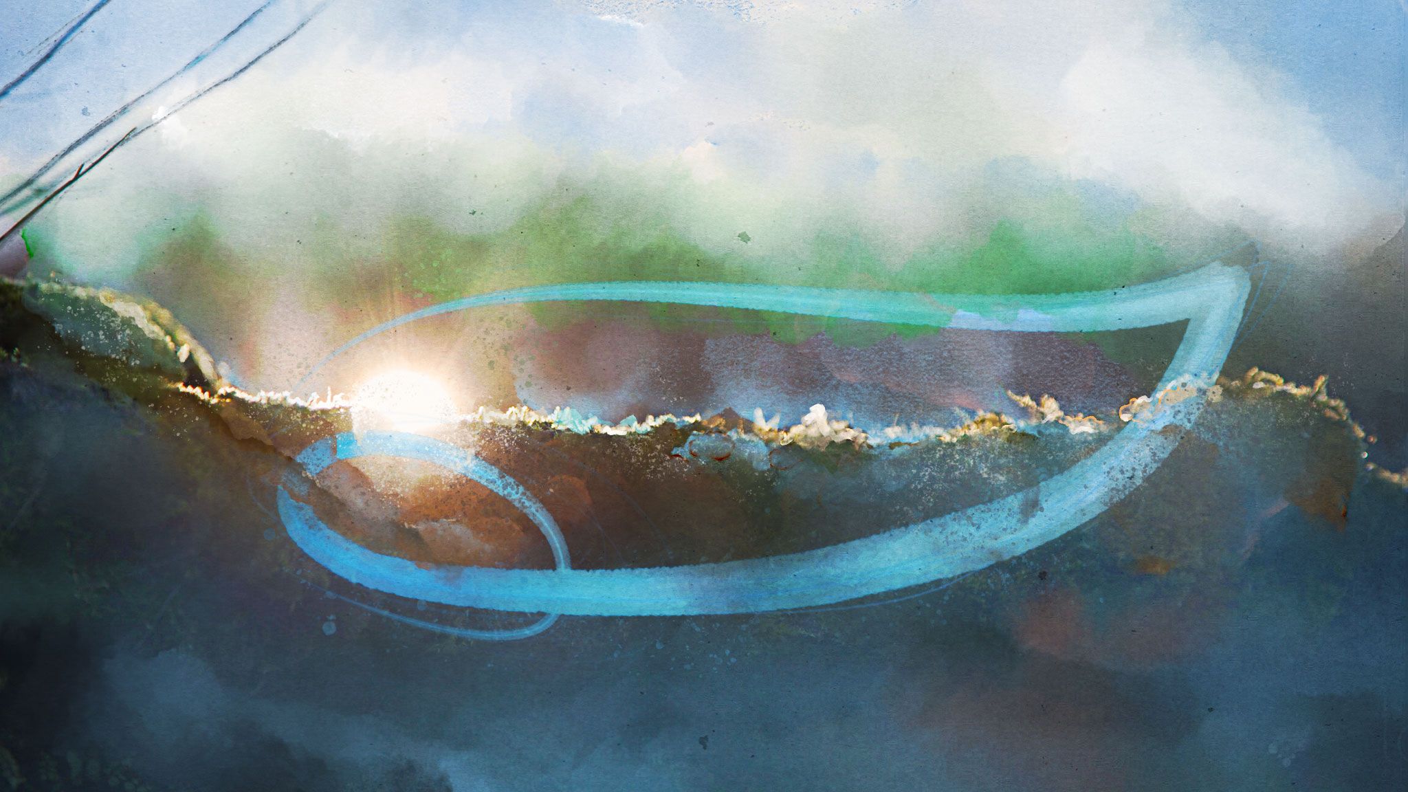 Image de fond, peinture d'un levé du jour avec le soleil qui dépasse d'un muret moussu, le logo en surimpression est une sorte de mélange entre une plume et un oeil et suggère la douceur, le chemin à parcourir et l'attention